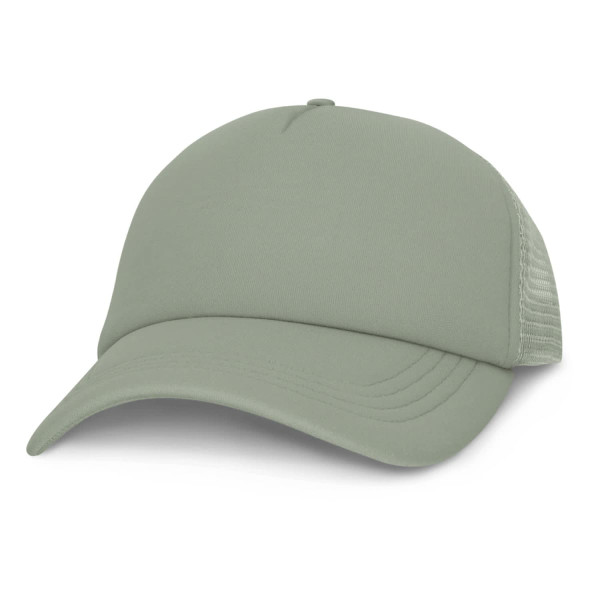 A light green trucker cap featuring a solid front and mesh back, including a logo on the front.