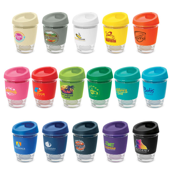 A collection of colourful reusable cups with various lids and branding, featuring shades of green, white, orange, and blue.