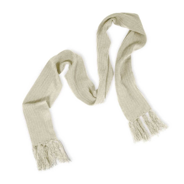A Nebraska Cable Knit Scarf in a soft, light beige color with fringed ends.