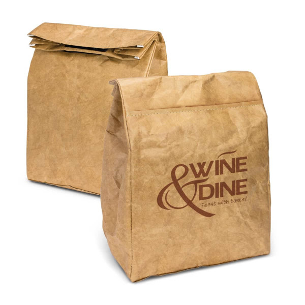 A brown Kraft cooler lunch bag with a fold-top design and a logo on one side.