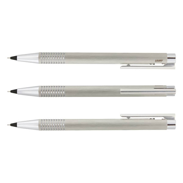 A set of three Lamy Logo pencils in brushed steel, featuring a sleek design and silver accents.