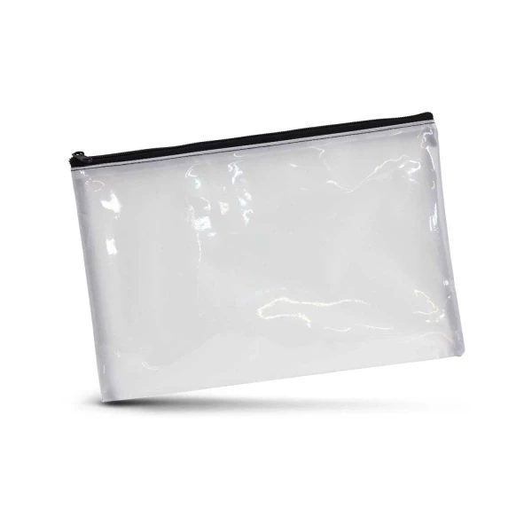 A clear cosmetic bag with a zippered closure, featuring a sleek and modern design.