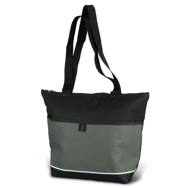 A lunch cooler bag in black and olive green with a zip closure and two straps. It features a logo on the front.