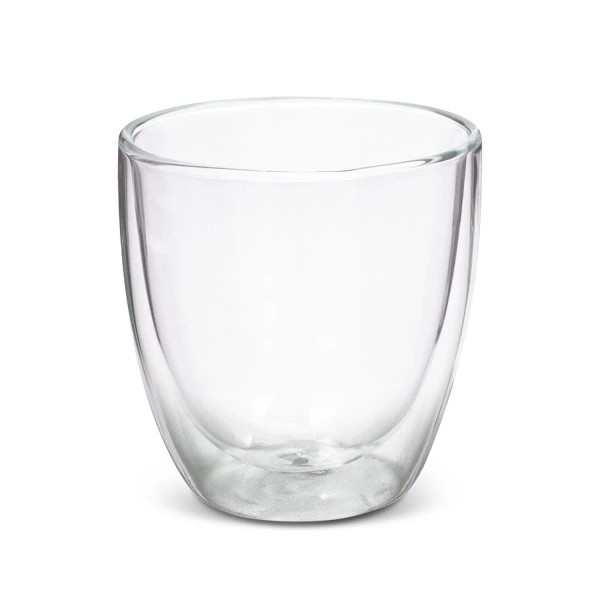 A double wall glass with a clear finish, featuring a rounded design. Includes a logo on the surface.