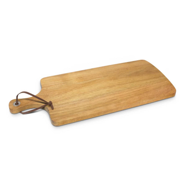 A wooden chopping board with a leather hanging loop, featuring a natural finish and smooth surface.