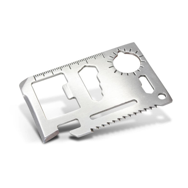 A silver multi-tool card with various tools and measurement markings, featuring a logo.