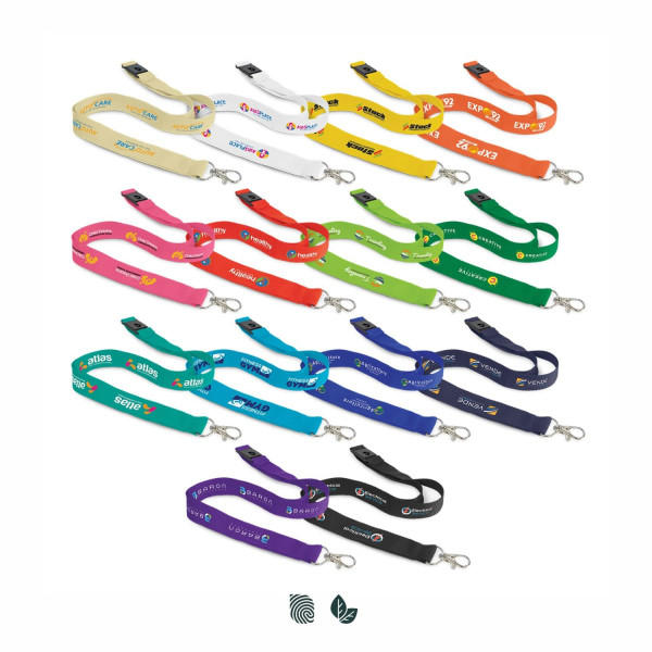 A selection of cotton lanyards in various colours, each featuring clips and logos.