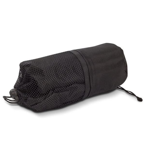 A black mesh and fabric pouch, compactly rolled, suitable for storing a poncho.