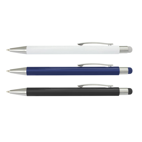A set of three stylus pens in white, blue, and black, featuring silver accents and a logo.