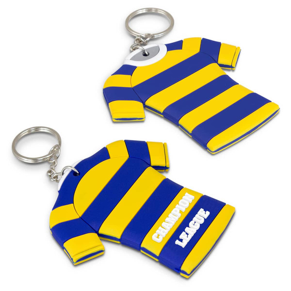 A large PVC key ring featuring a double-sided design of a striped blue and yellow sports jersey, with a logo.