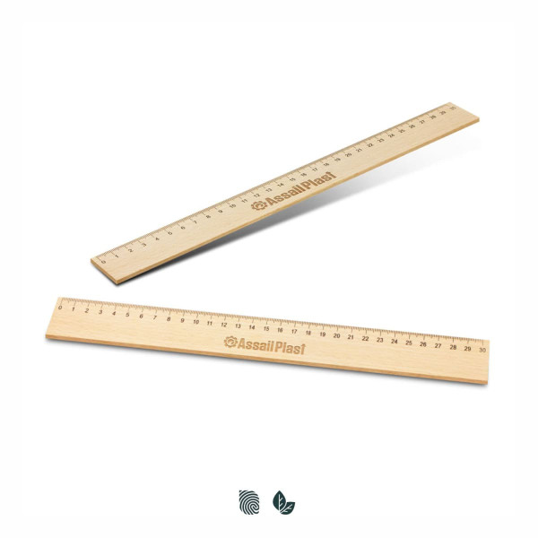 A wooden 30cm ruler with markings for measurement, featuring a logo. The ruler has a natural wood finish.