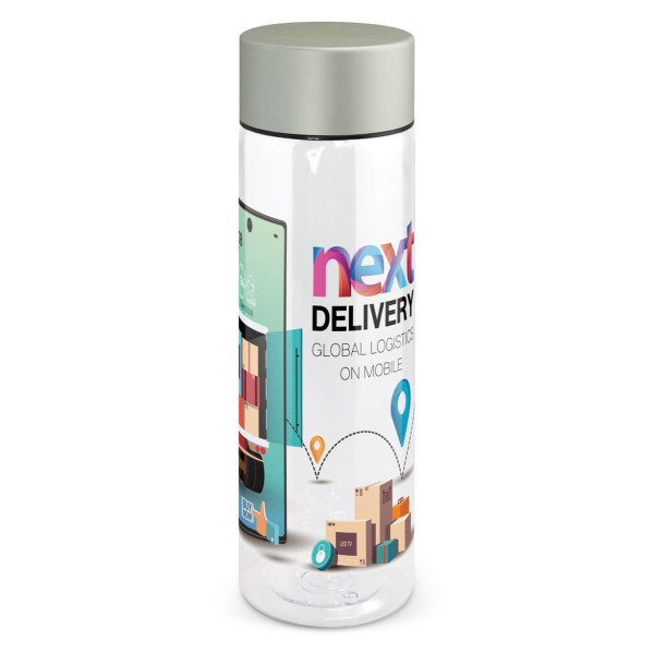 A drink bottle featuring a clear body, grey lid, and a design with logistics graphics and a logo.