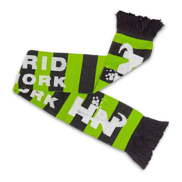A green and black knitted scarf with a fringe, featuring a patterned design and a logo.