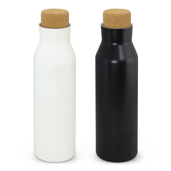 A drink bottle set featuring one white and one black bottle, both with cork stoppers and sleek designs.