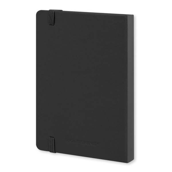 A large black Moleskine Pro hard cover notebook with an elastic band and logo on the front.