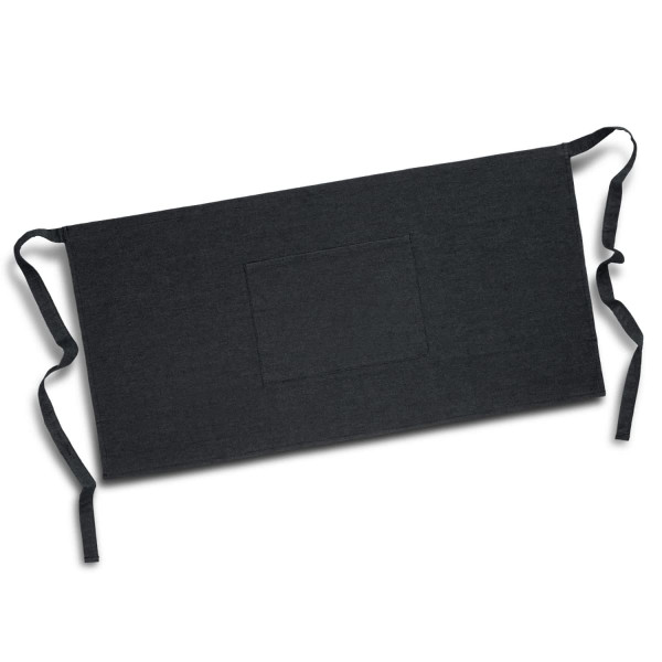 A black denim waist apron featuring a front pocket and ties for adjustment. It has a logo or branding.