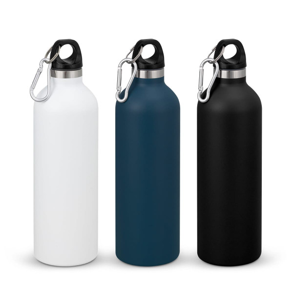 A drink bottle trio featuring white, teal, and black finishes, each with a carabiner cap and a logo.