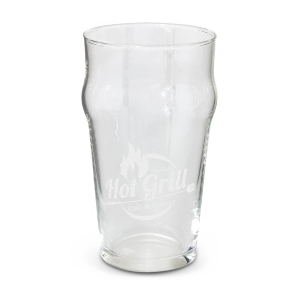 A transparent beer glass with a smooth, curved design and a subtle etched logo.