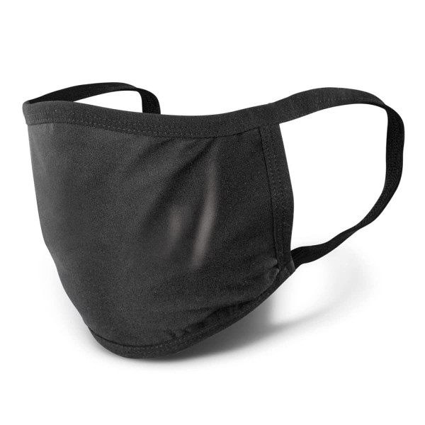 A black reusable 3-ply cotton face mask featuring ear loops and a subtle logo.