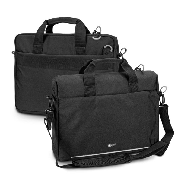 A black Swiss Peak RFID laptop bag with dual handles, adjustable shoulder strap, and a logo. Features pockets for storage.