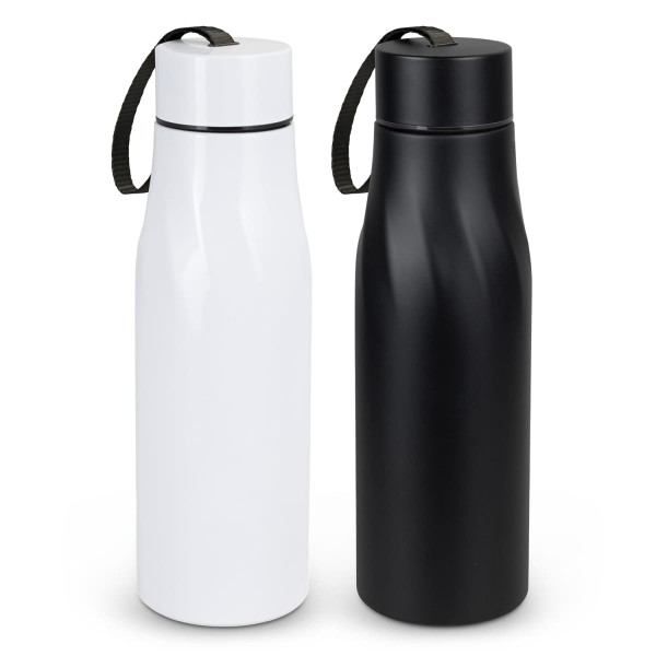 A drink bottle set featuring a sleek black and white design, each with a carry strap and a logo.