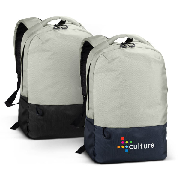 A grey and black laptop backpack featuring a logo on the front. Two identical bags are displayed.