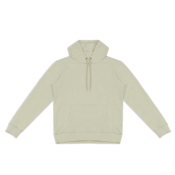A unisex hoodie in a light beige colour featuring a front pouch pocket and a drawstring hood. It has a logo.