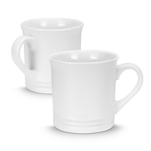 Two white ceramic coffee mugs with rounded edges and handles, featuring a smooth finish and a simple design.