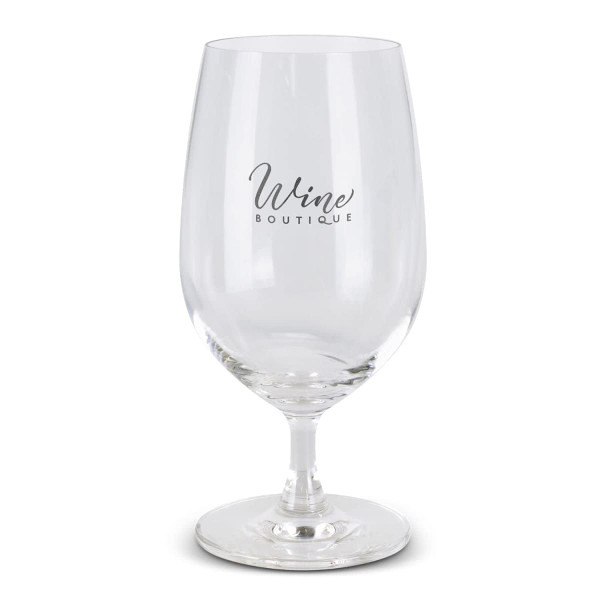 A clear wine glass with a curved bowl and a sturdy base, featuring a logo.