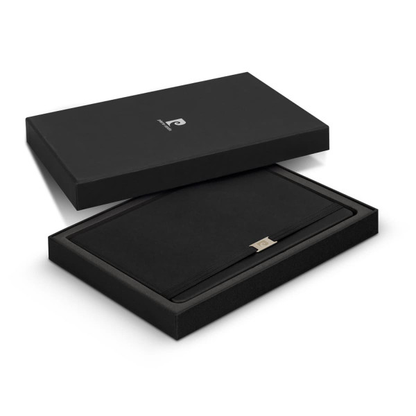 A black gift box with a matching black notebook set, featuring a simple, elegant design and a logo.