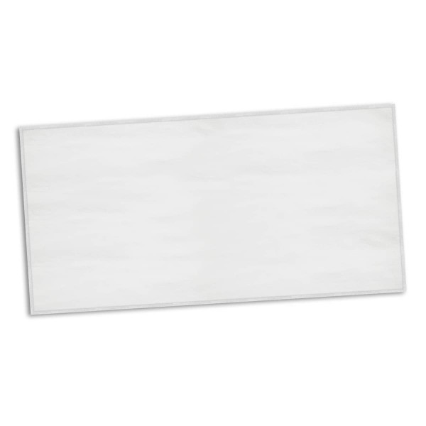 A large, white beach towel featuring a bordered edge and a branding logo. Suitable for leisure and outdoor activities.