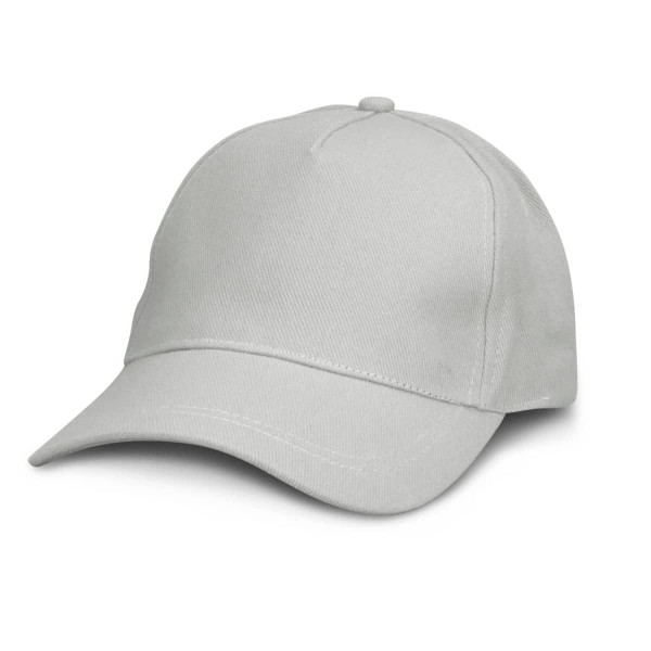 A grey cap with a curved brim and a rounded crown, featuring a logo on the front.