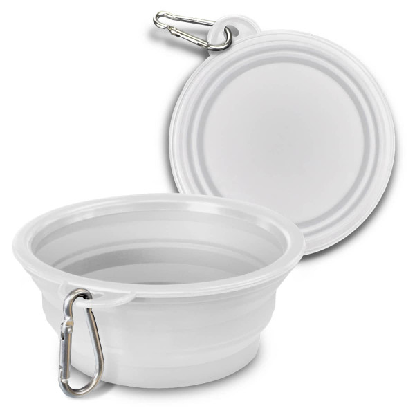 A silicone collapsible pet bowl in white with a carabiner for easy attachment. Features a smooth, circular design.