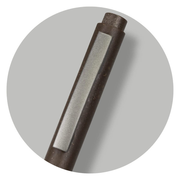 A dark grey pen featuring a smooth barrel and a metallic accent, with a logo present on the barrel.