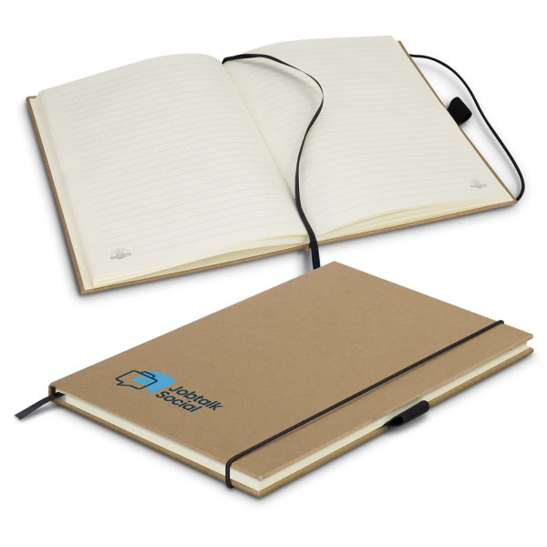 A brown hardcover notebook with a ribbon closure, featuring lined pages and a logo on the cover.