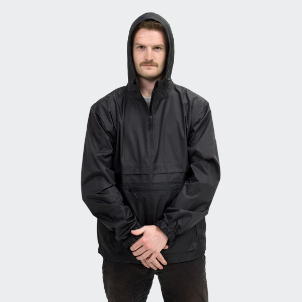 A black windbreaker jacket with a front pocket and hood, featuring a logo.