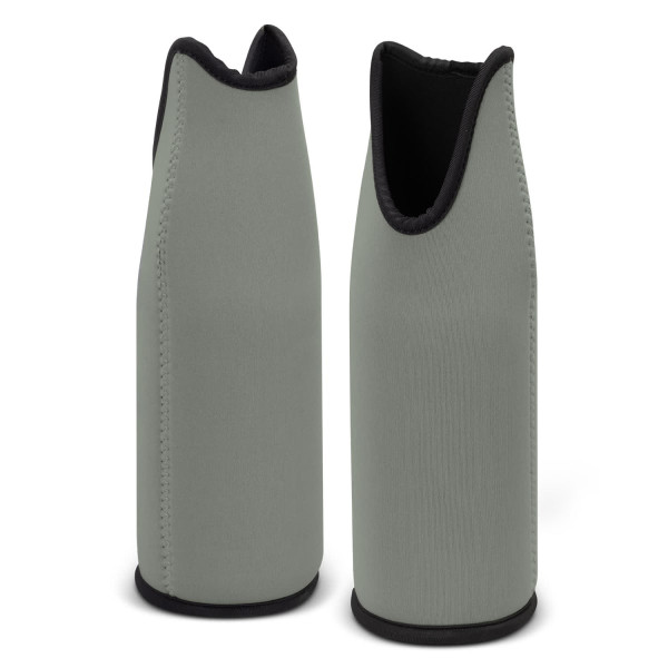 A drink bottle cooler in a muted green colour with a black trim, featuring a logo.