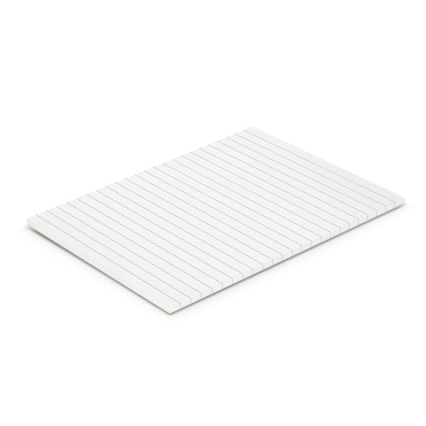 A notepad featuring lined pages, rectangular shape, and a clean white design, with a branding logo on it.