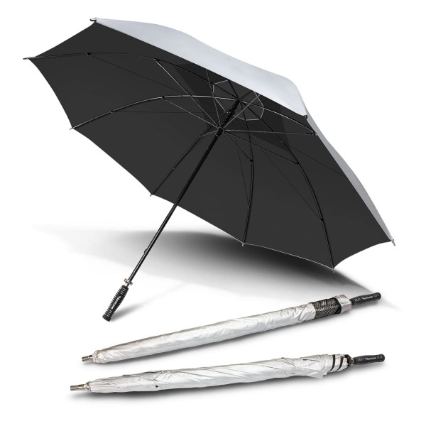 A black and silver umbrella with a curved handle, displayed open and alongside its closed form. It features a logo.