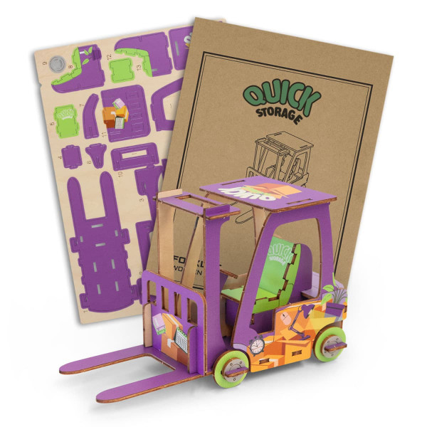 A colourful wooden forklift model in purple and green, with puzzle components and an instructional poster.