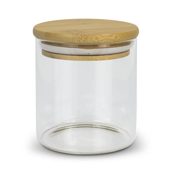 A round glass storage canister with a natural bamboo lid, perfect for tea and coffee accessories.