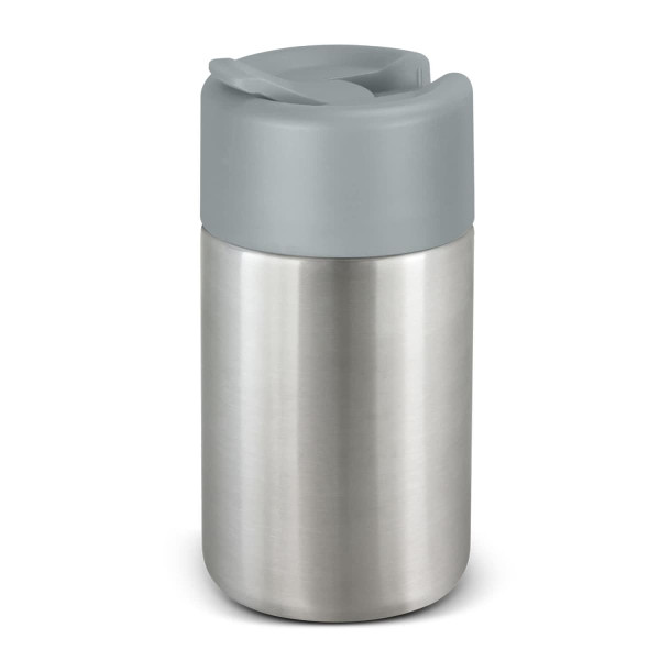A drink bottle featuring a stainless steel body and a grey lid, with a logo on the surface.