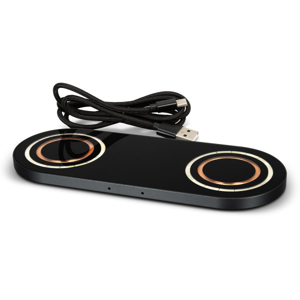 A sleek black dual wireless charger with gold accents and a USB cable. It features a modern design and branding.
