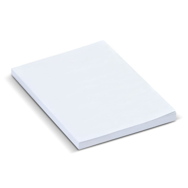A white pad containing 50 sheets of recycled sticky notes, stacked neatly together. It features a brand logo.