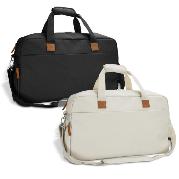 A black and a white duffle bag with handles and adjustable shoulder straps. Each features a logo.