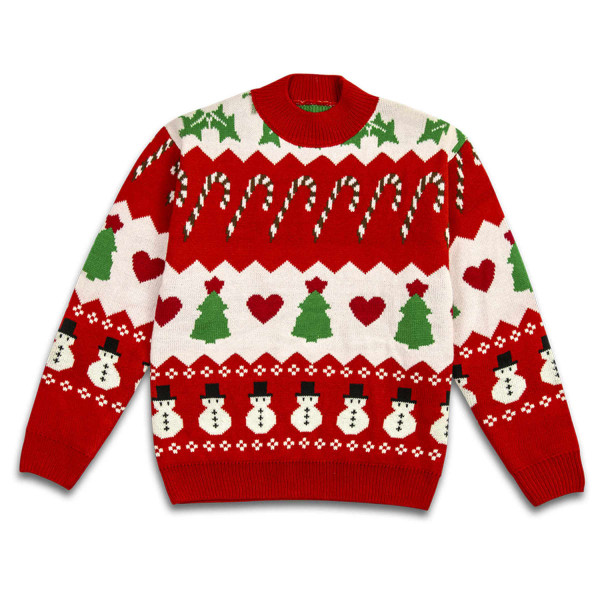 A red and white knitted jumper featuring snowmen, Christmas trees, candy canes, and hearts. Includes a logo.
