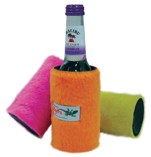 A drink bottle cooler in bright pink, orange, and green, featuring a fluffy texture and a logo.