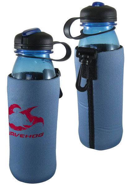A drink bottle cooler in blue neoprene, featuring a black top and a logo. It has a zipper and a clip attachment.