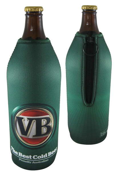 A drink bottle cooler in green with a zippered design, featuring a logo on the front.