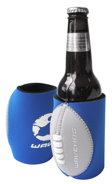 A drink bottle is nestled in a blue footy can cooler with a grey football design and a logo.
